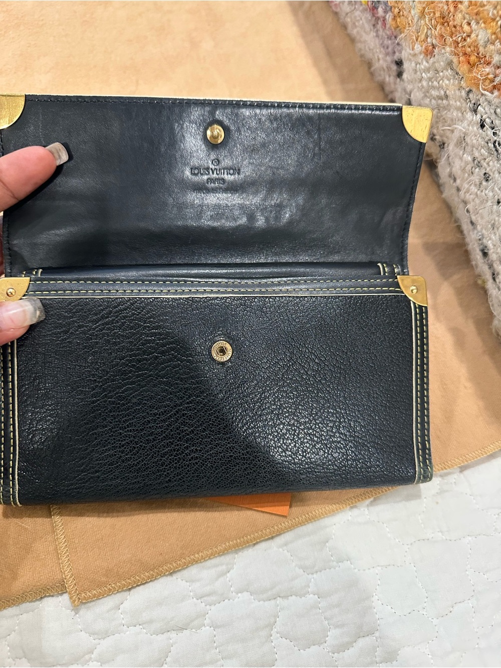 Louis Vuitton Black Leather Wallet with Gold-Tone Corners